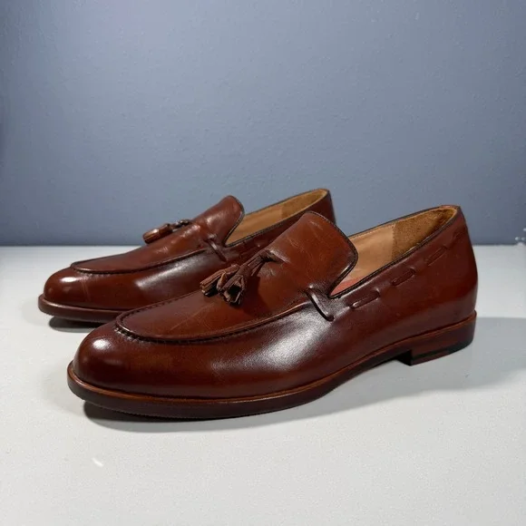 Elanroman Mens Brown Leather Tassel Loafers Apron Toe Shoes Size 46(12.5-13)